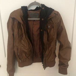 Brown Leather Jacket with Black Cotton Hood